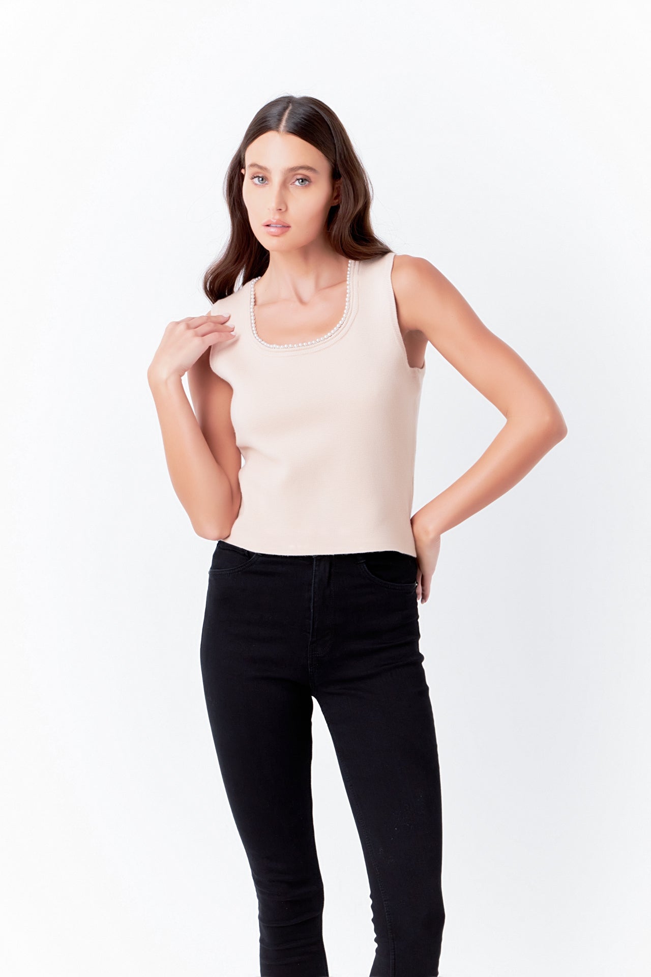 ENDLESS ROSE - Pearl Trim Knit Tank Top - TOPS available at Objectrare