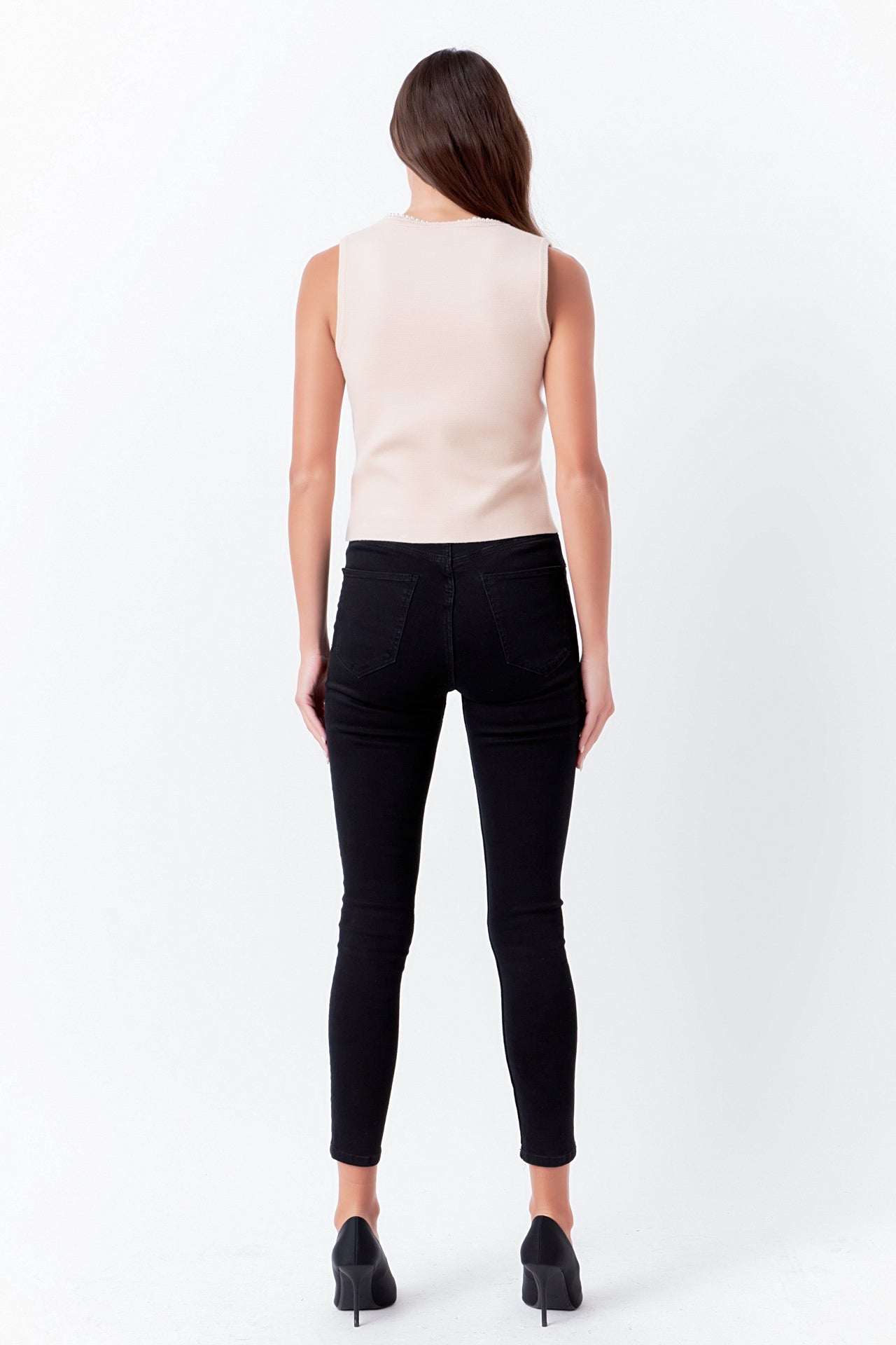 ENDLESS ROSE - Pearl Trim Knit Tank Top - TOPS available at Objectrare