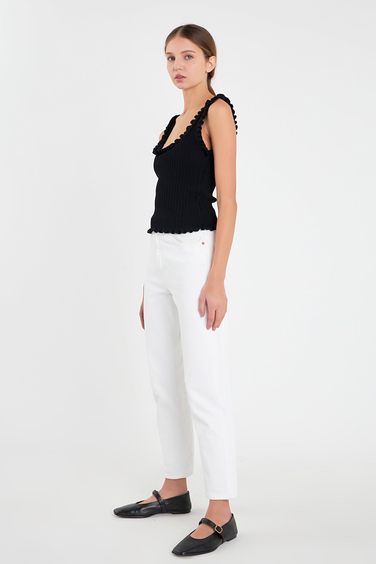 ENGLISH FACTORY - Ruffled Edge Sleeveless Knit Top - TOPS available at Objectrare