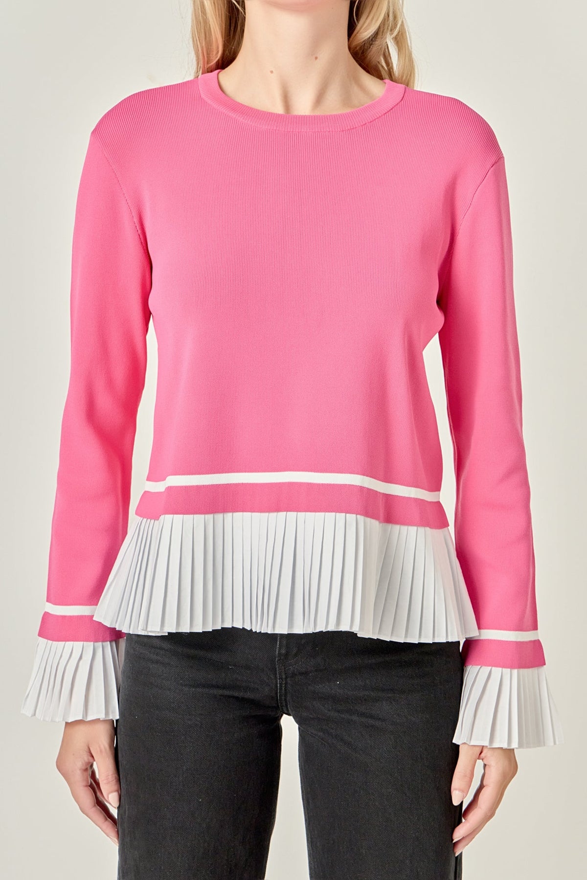 ENGLISH FACTORY - Mixed Media Pleated Knit Top - TOPS available at Objectrare