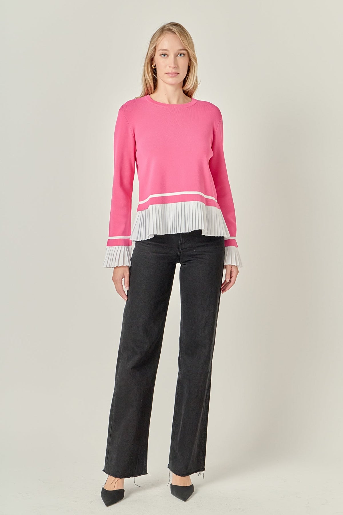 ENGLISH FACTORY - Mixed Media Pleated Knit Top - TOPS available at Objectrare