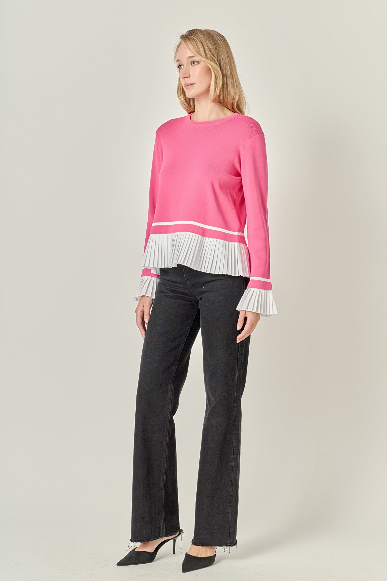 ENGLISH FACTORY - Mixed Media Pleated Knit Top - TOPS available at Objectrare