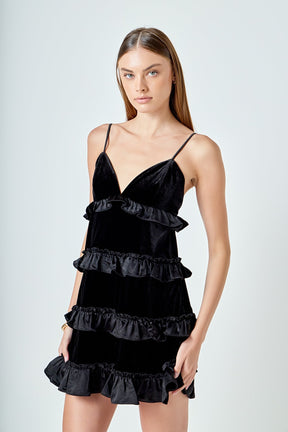 ENDLESS ROSE - Tiered Contrast Velvet Mini Dress - DRESSES available at Objectrare