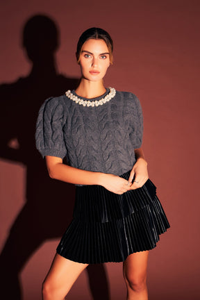 ENDLESS ROSE - Pearl Trim Cable Knit Top - TOPS available at Objectrare
