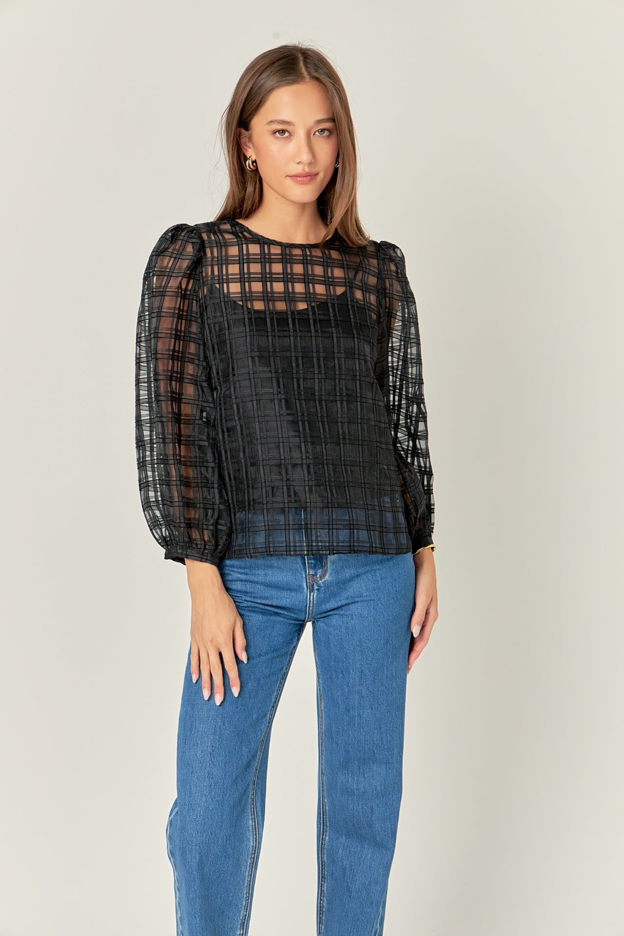 ENGLISH FACTORY - Plaid Organza Long Sleeve Top - BLOUSES available at Objectrare