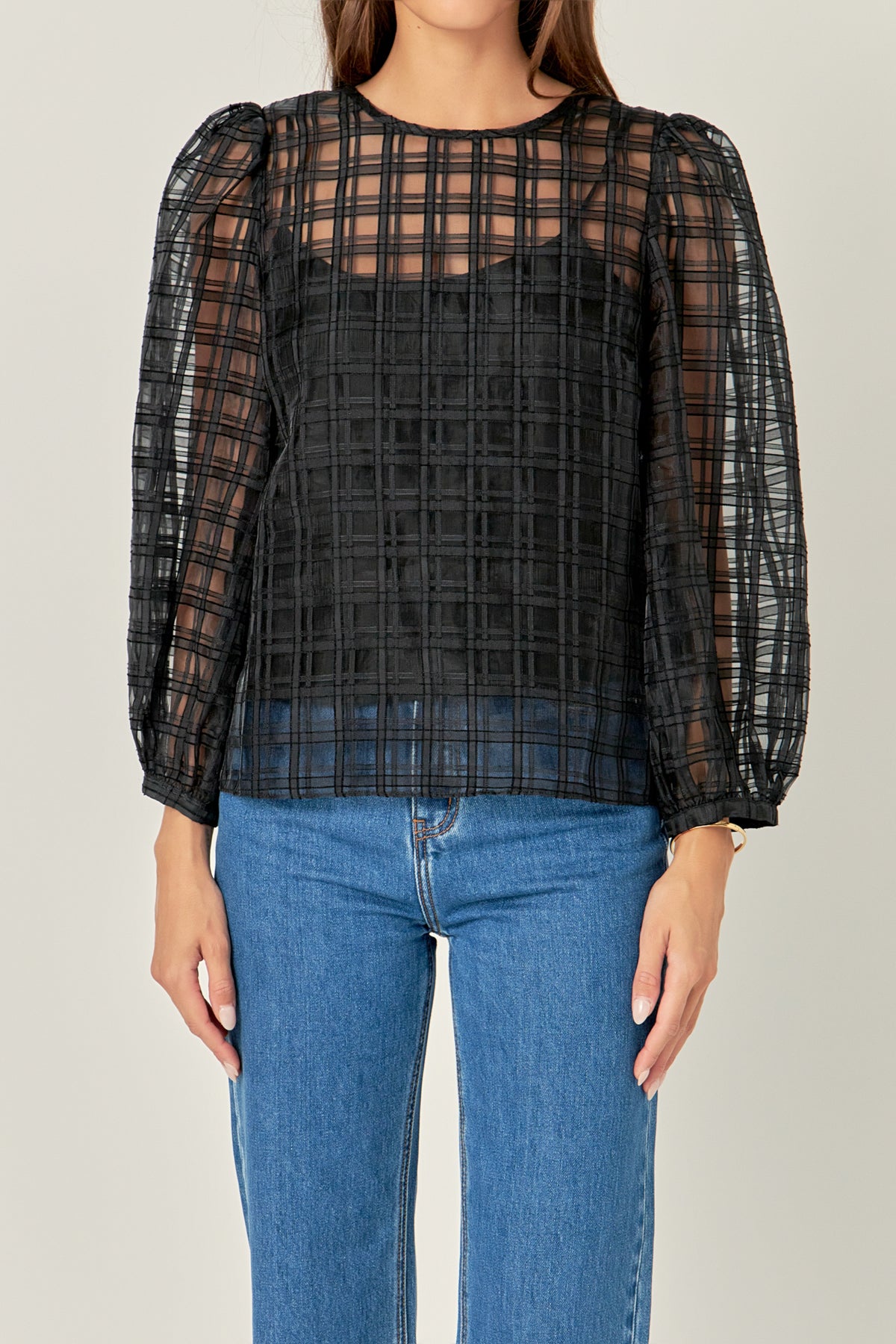 ENGLISH FACTORY - Plaid Organza Long Sleeve Top - TOPS available at Objectrare