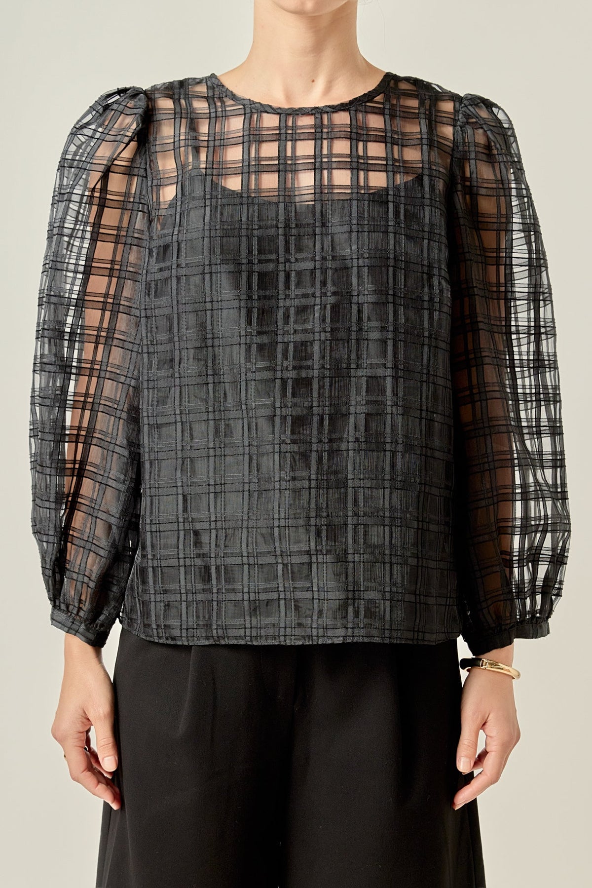 ENGLISH FACTORY - Plaid Organza Long Sleeve Top - BLOUSES available at Objectrare