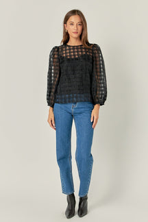ENGLISH FACTORY - Plaid Organza Long Sleeve Top - BLOUSES available at Objectrare