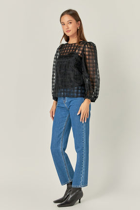 ENGLISH FACTORY - Plaid Organza Long Sleeve Top - BLOUSES available at Objectrare