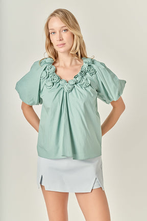 ENGLISH FACTORY - Flower Neckline Puff Sleeve Top - TOPS available at Objectrare