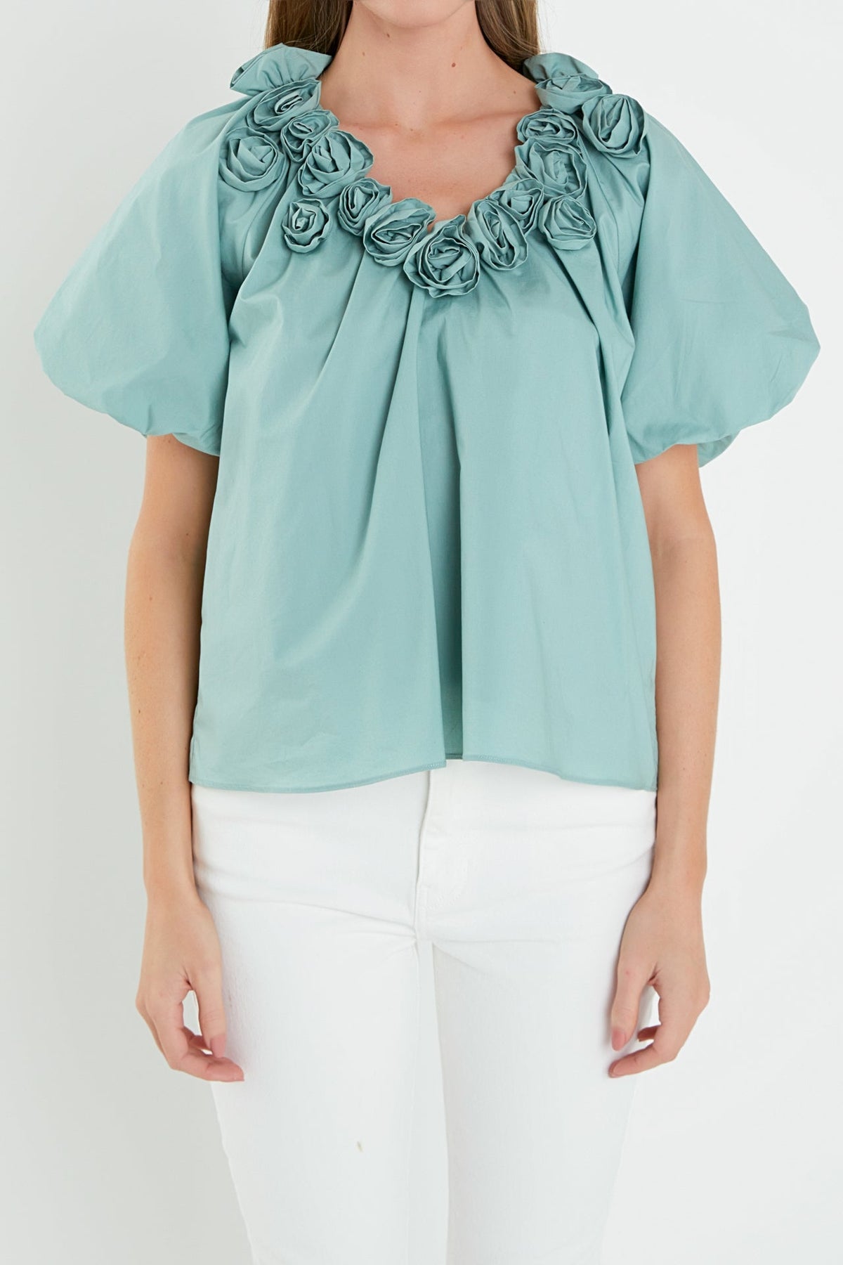 ENGLISH FACTORY - English Factory - Flower Neckline Puff Sleeve Top - TOPS available at Objectrare