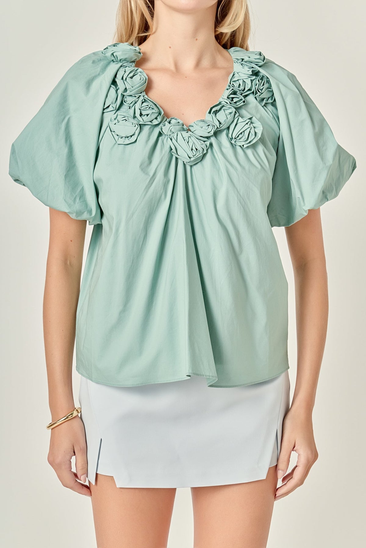 ENGLISH FACTORY - Flower Neckline Puff Sleeve Top - TOPS available at Objectrare