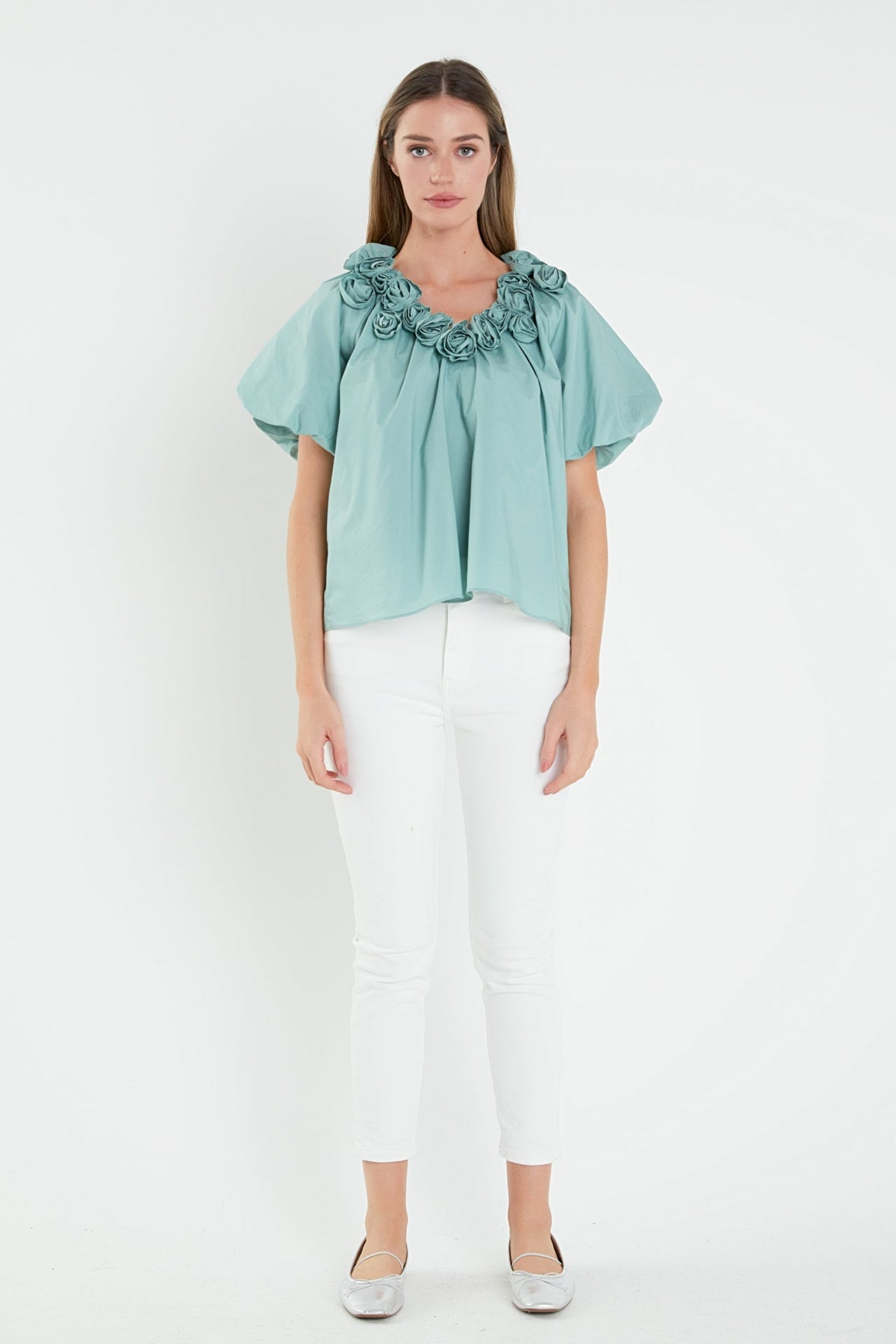 ENGLISH FACTORY - English Factory - Flower Neckline Puff Sleeve Top - TOPS available at Objectrare