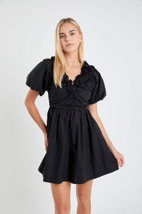 ENGLISH FACTORY - Flower Neckline Puff Sleeve Mini Dress - DRESSES available at Objectrare