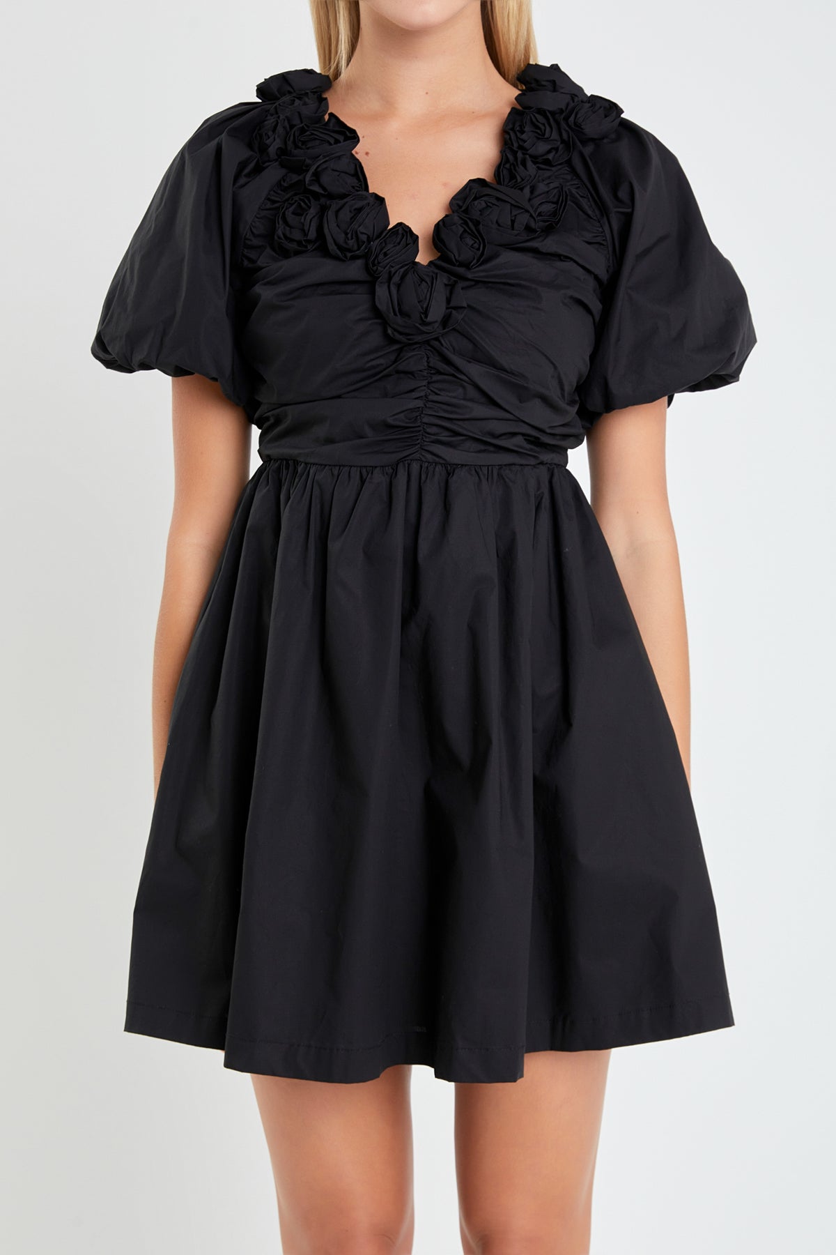 ENGLISH FACTORY - Flower Neckline Puff Sleeve Mini Dress - DRESSES available at Objectrare