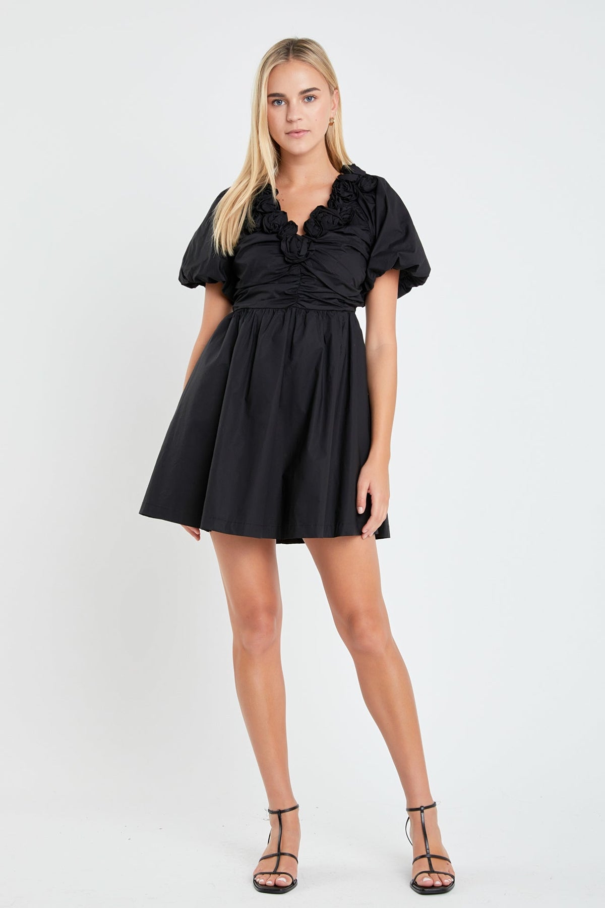 ENGLISH FACTORY - Flower Neckline Puff Sleeve Mini Dress - DRESSES available at Objectrare