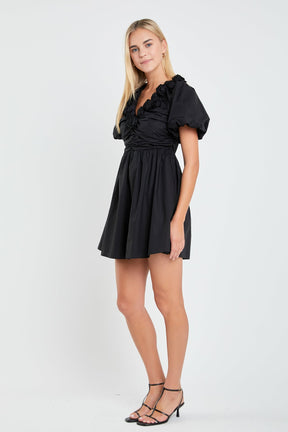 ENGLISH FACTORY - Flower Neckline Puff Sleeve Mini Dress - DRESSES available at Objectrare