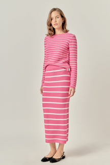 ENGLISH FACTORY - Stripe Knit Midi Skirt in Pink - SKIRTS available at Objectrare