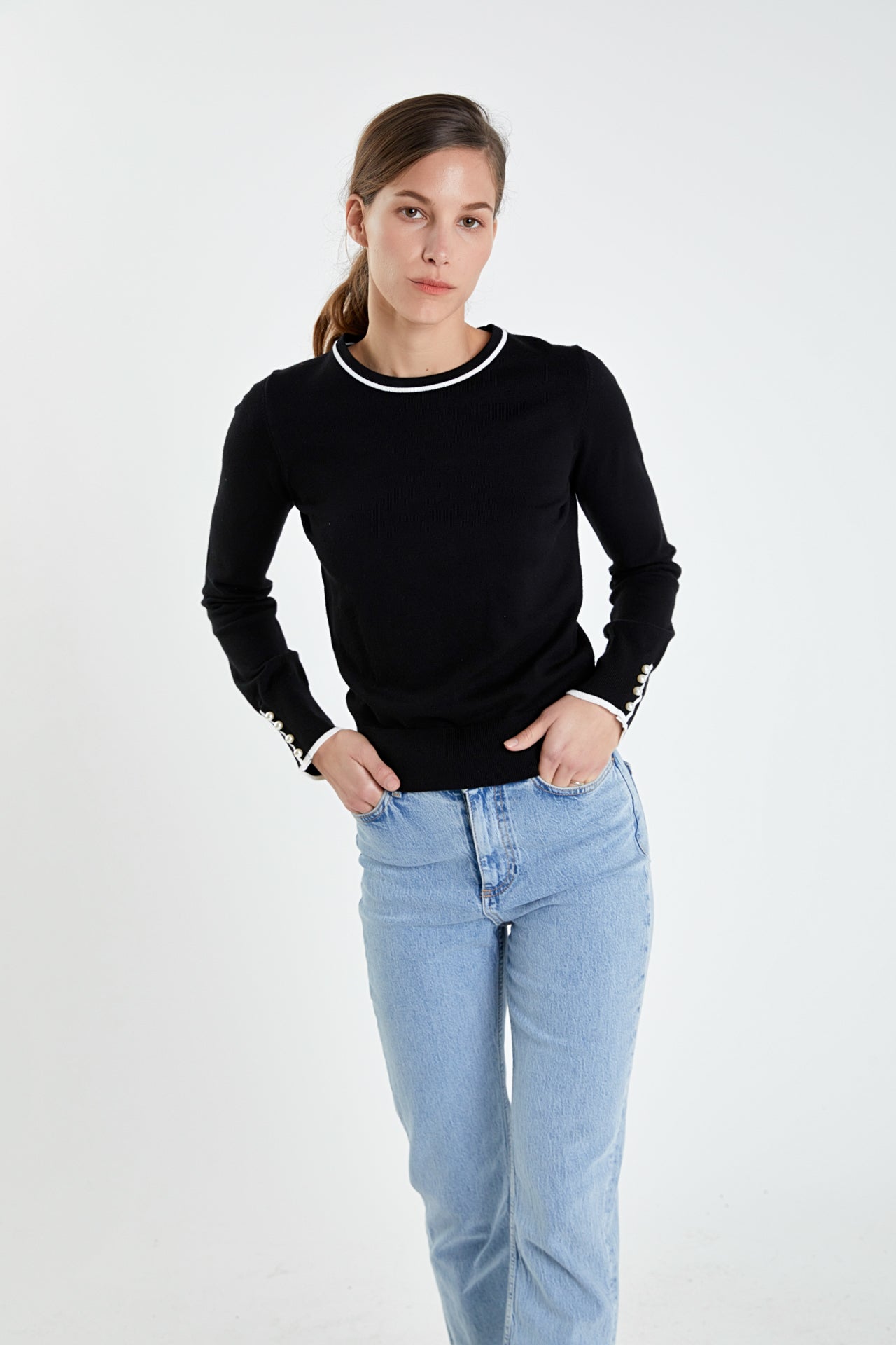 ENGLISH FACTORY - Sleeve Button Detail Knit Sweater - SWEATERS & KNITS available at Objectrare