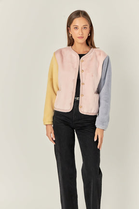 ENGLISH FACTORY - Colorblock Faux Fur Jacket - JACKETS available at Objectrare