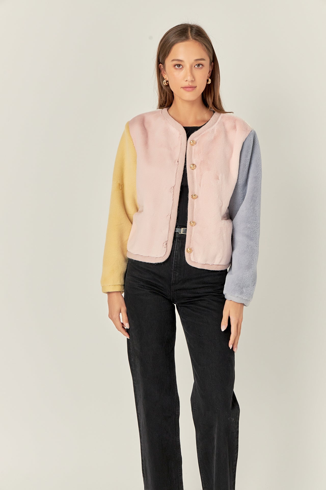 ENGLISH FACTORY - Colorblock Faux Fur Jacket - JACKETS available at Objectrare