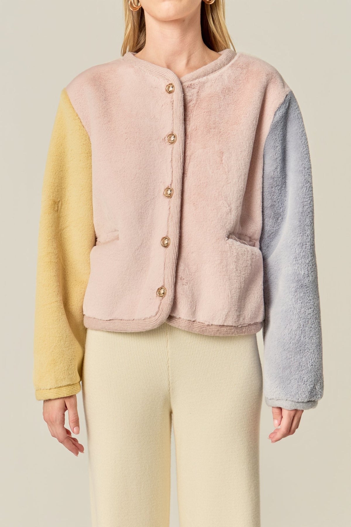 ENGLISH FACTORY - Colorblock Faux Fur Jacket - JACKETS available at Objectrare