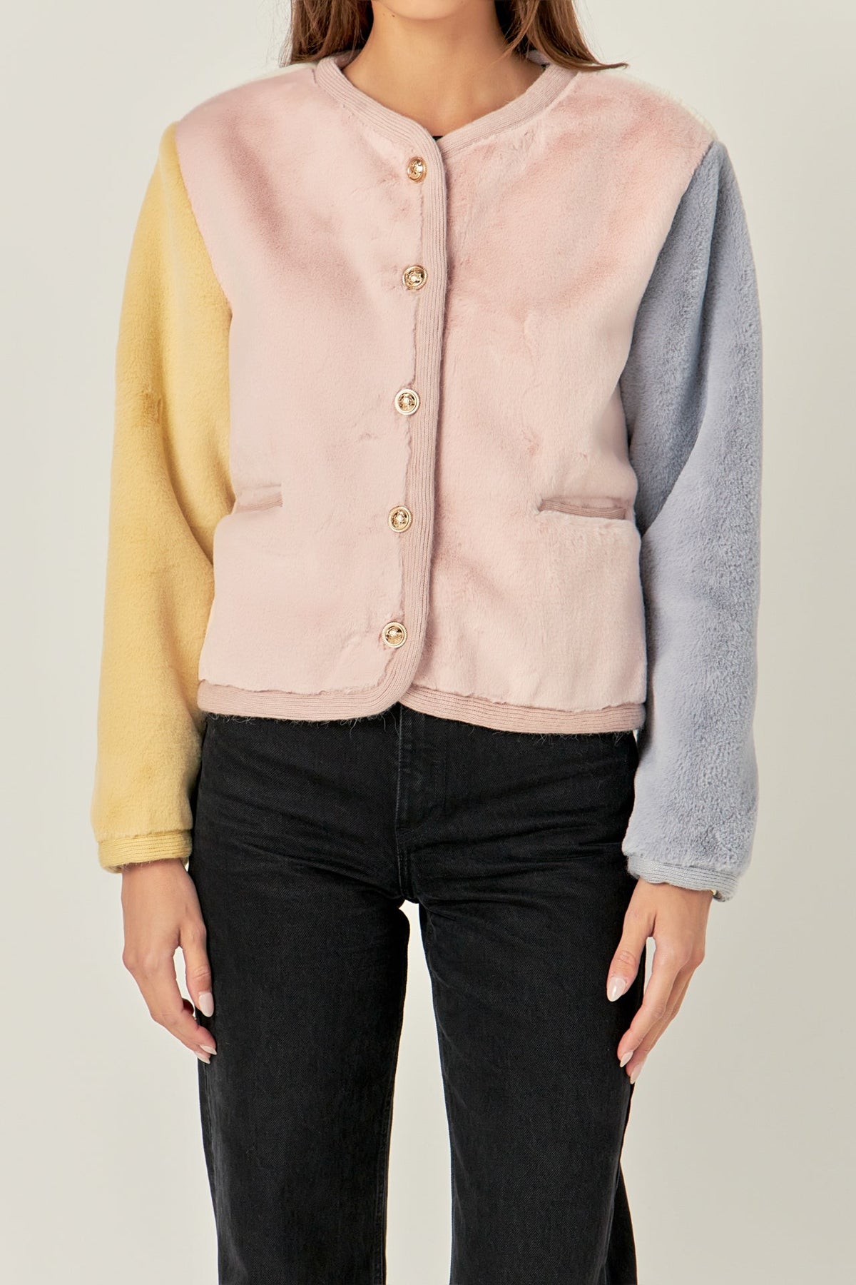 ENGLISH FACTORY - Colorblock Faux Fur Jacket - JACKETS available at Objectrare