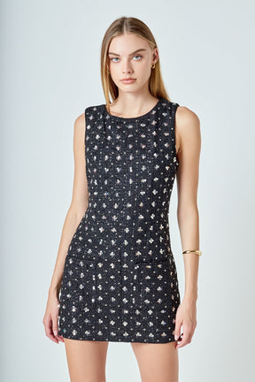 Premium Floral Embellishment Tweed Mini Dress