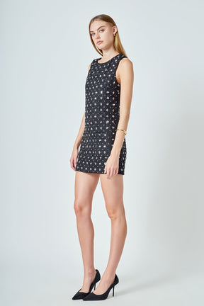 Premium Floral Embellishment Tweed Mini Dress