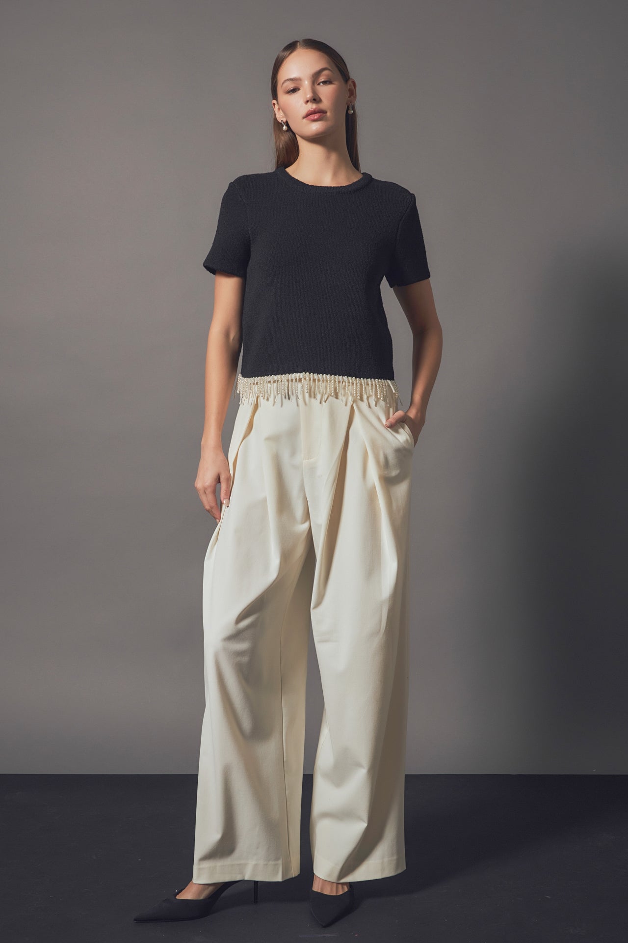 ENDLESS ROSE - Premium Pearl Trim Knit Top - TOPS available at Objectrare