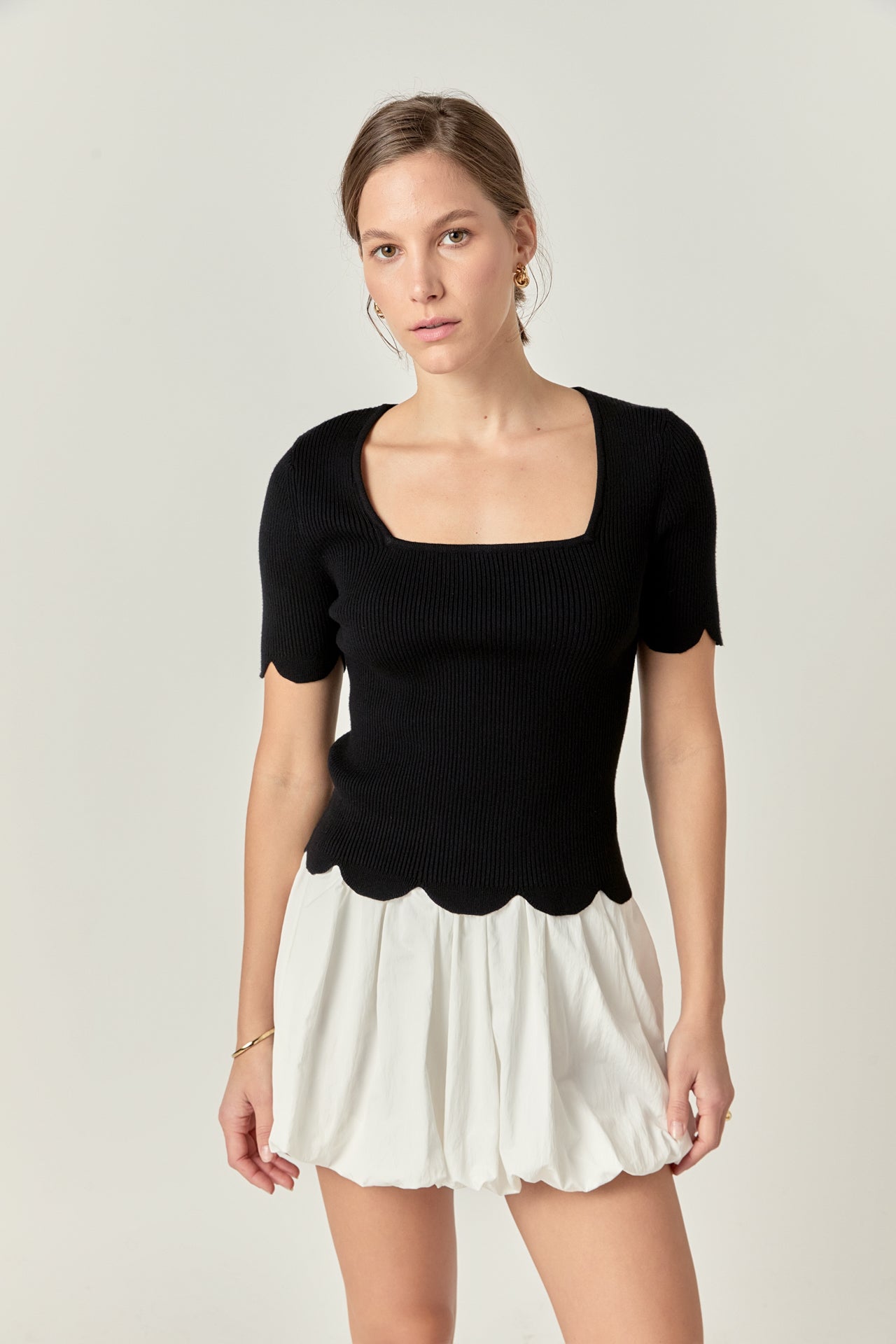 ENGLISH FACTORY - Scalloped Hem Square Neck Sweater - SWEATERS & KNITS available at Objectrare