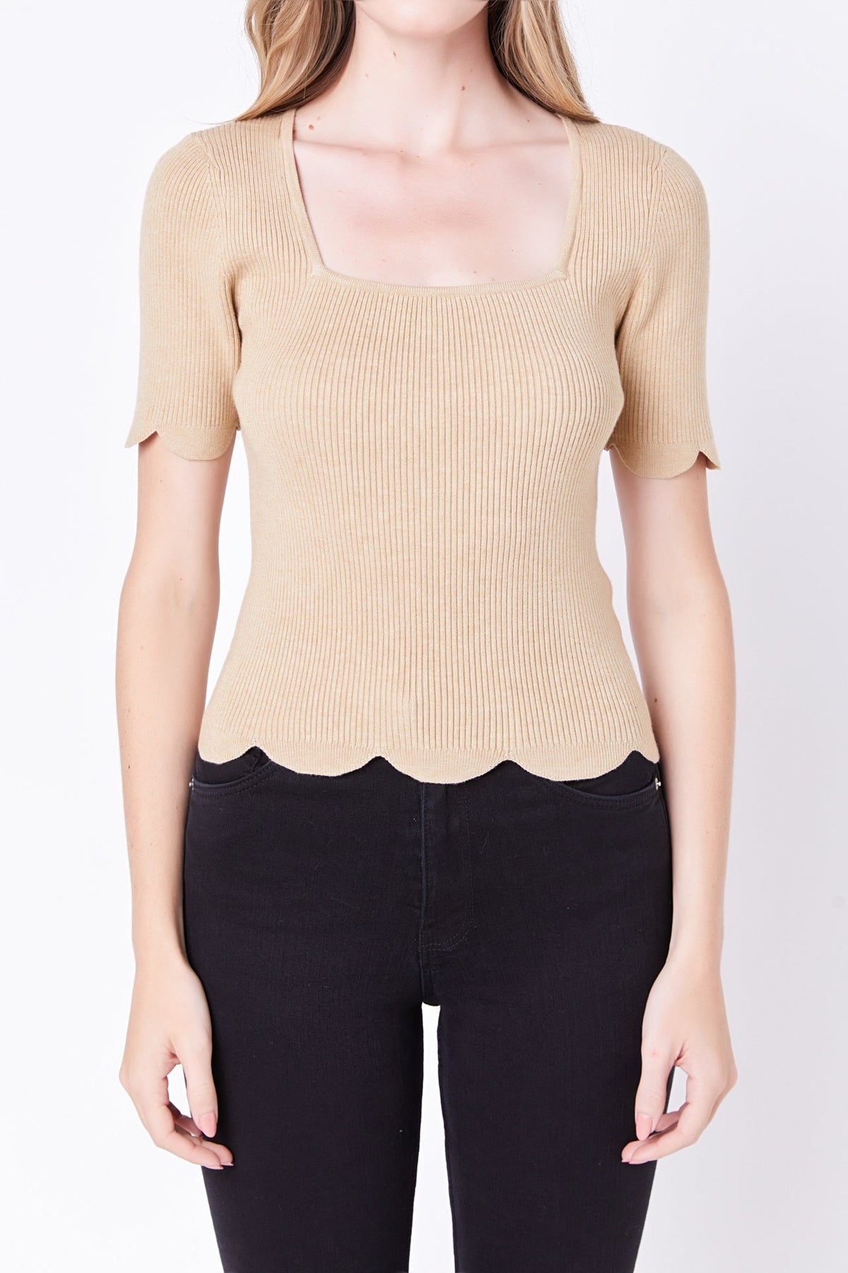 ENGLISH FACTORY - English Factory - Scalloped Hem Square Neck Sweater - SWEATERS & KNITS available at Objectrare