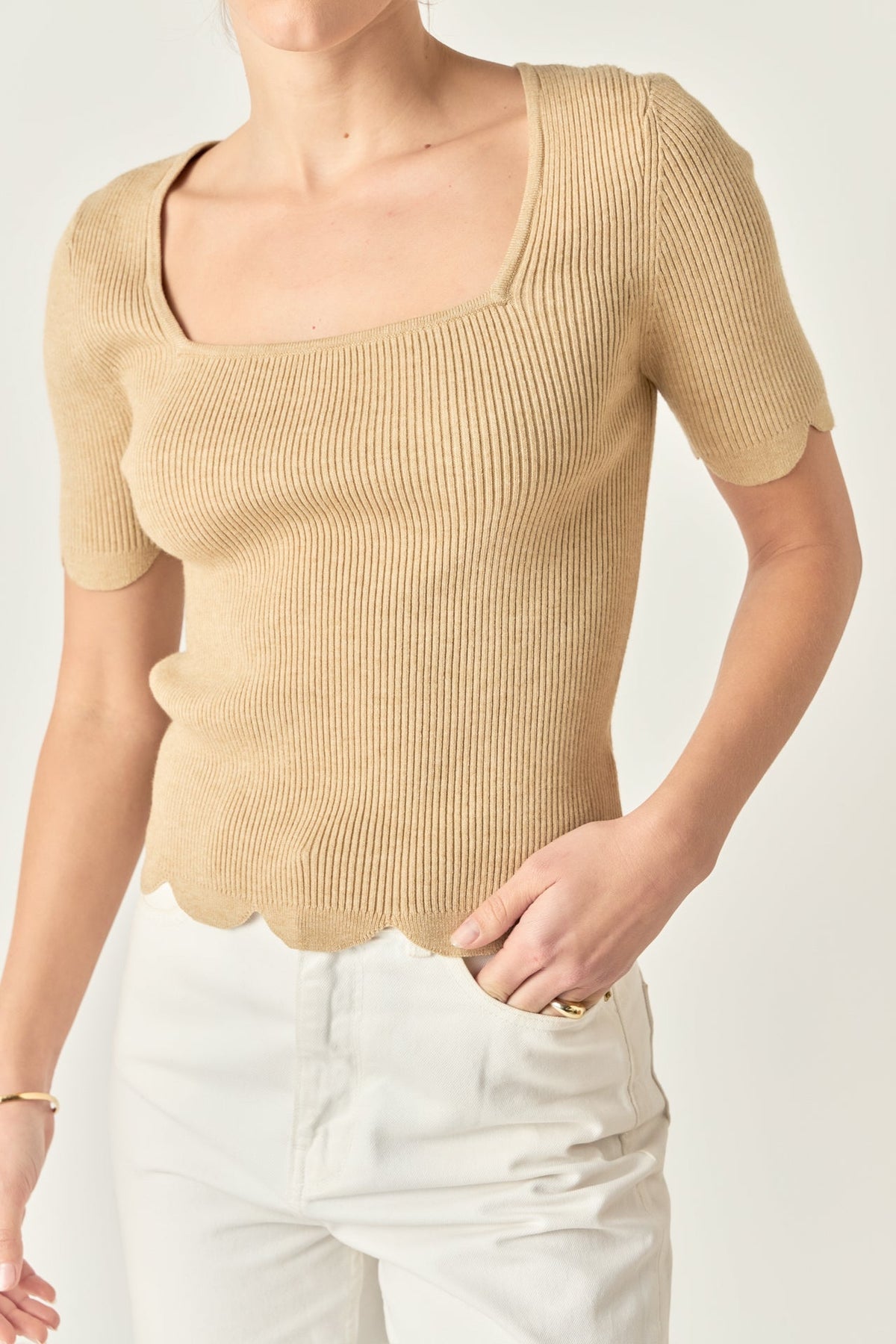 ENGLISH FACTORY - Scalloped Hem Square Neck Sweater - SWEATERS & KNITS available at Objectrare