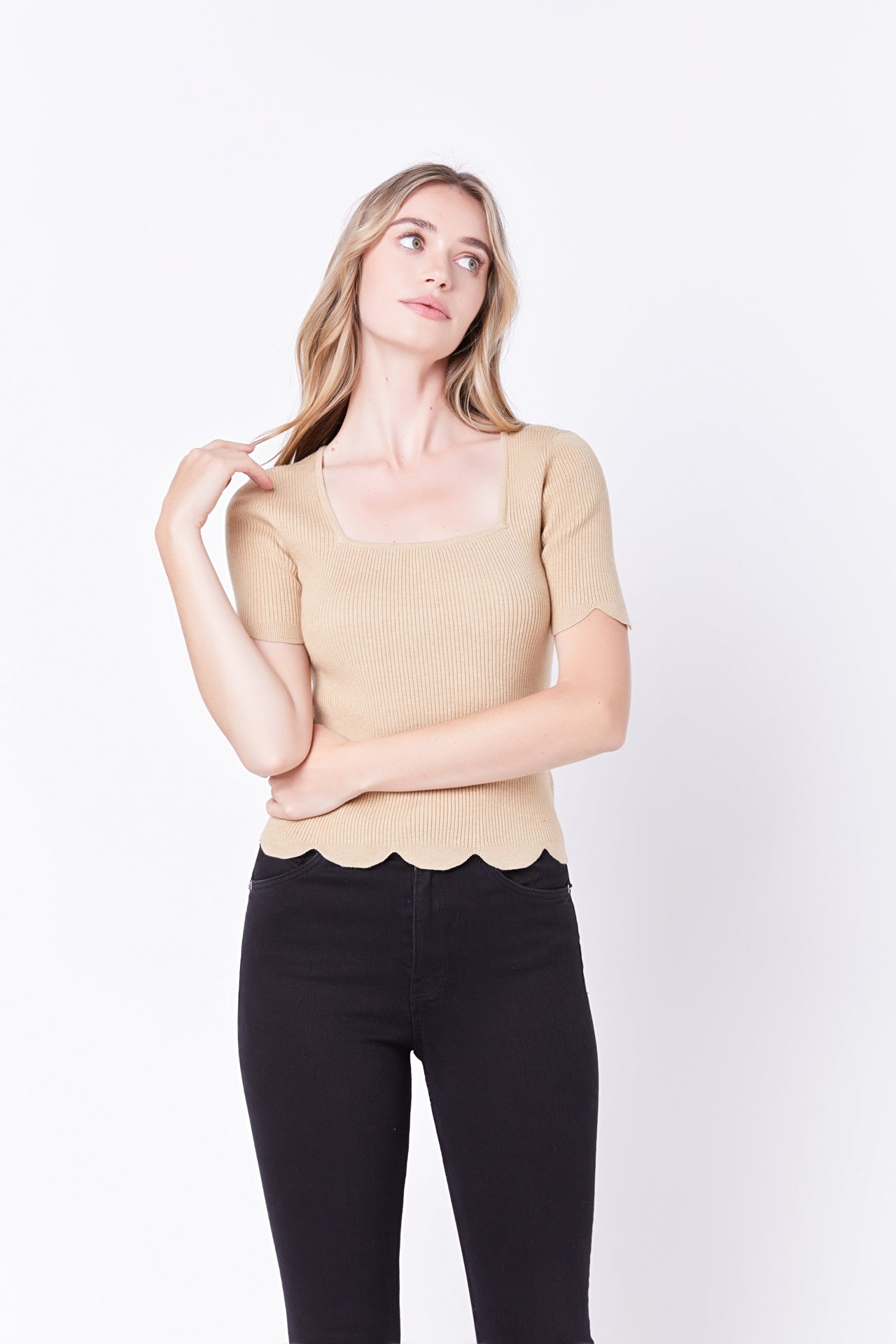 ENGLISH FACTORY - Scallop Hem Square Neck Sweater - SWEATERS & KNITS available at Objectrare