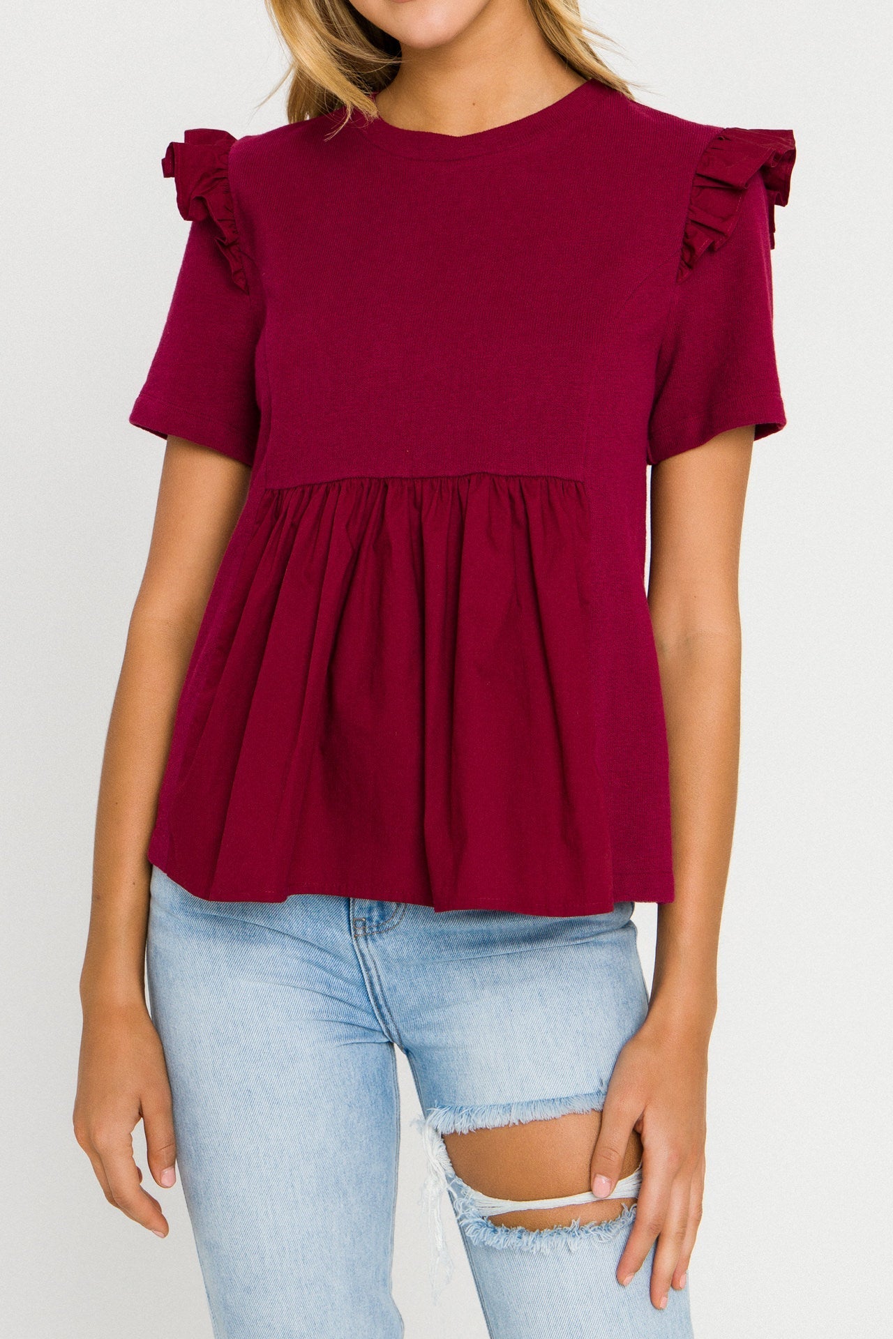 ENGLISH FACTORY - English Factory - Knit Poplin Mixed Ruffle Top - TOPS available at Objectrare