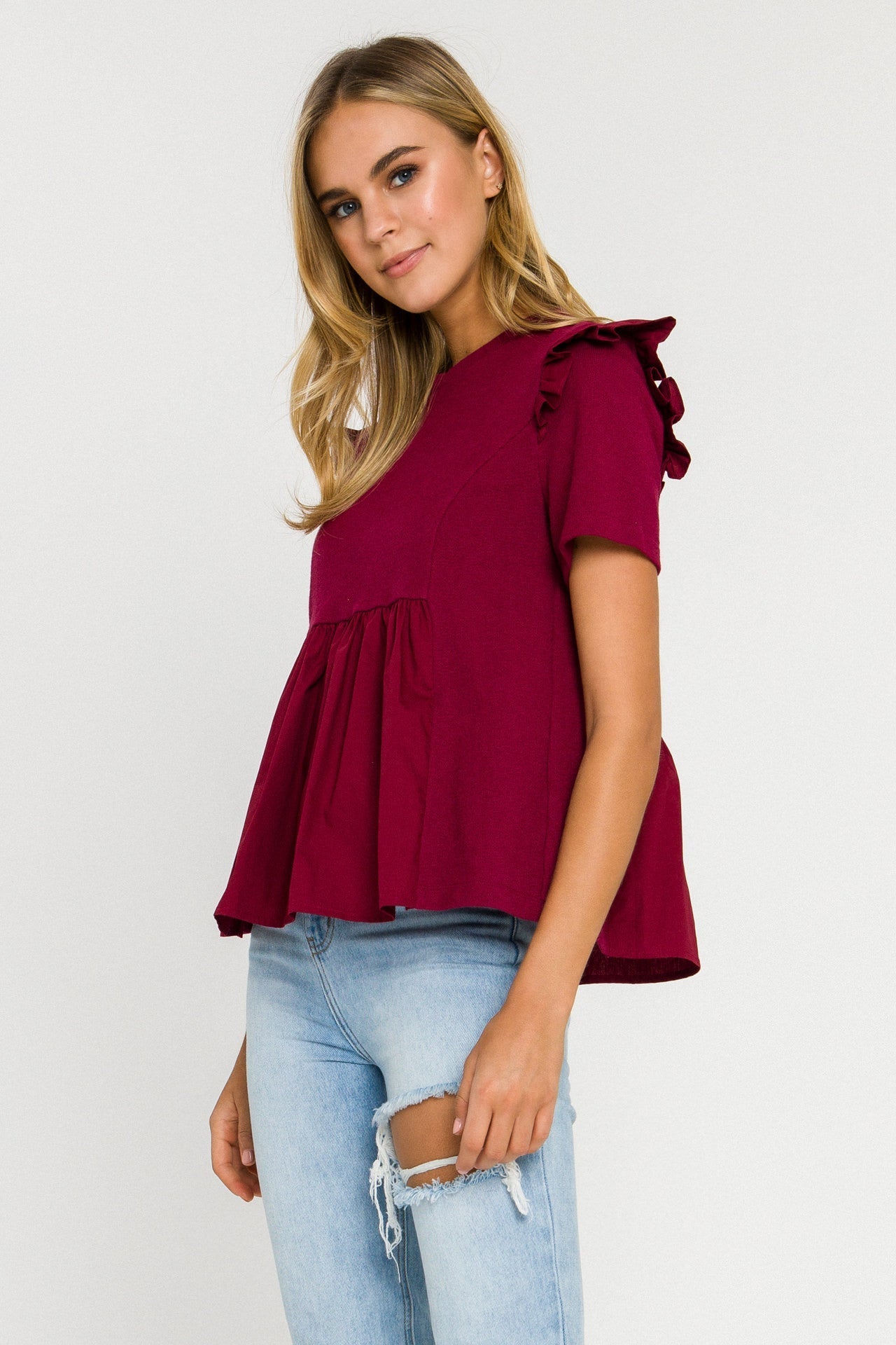 ENGLISH FACTORY - English Factory - Knit Poplin Mixed Ruffle Top - TOPS available at Objectrare