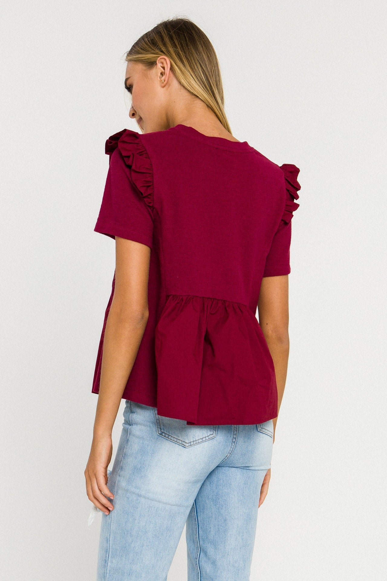 ENGLISH FACTORY - English Factory - Knit Poplin Mixed Ruffle Top - TOPS available at Objectrare