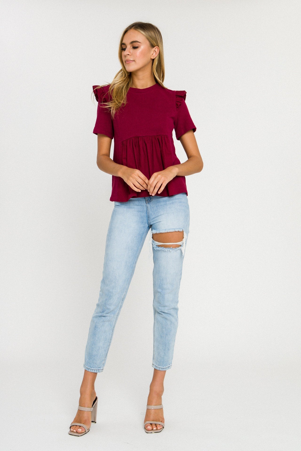 ENGLISH FACTORY - English Factory - Knit Poplin Mixed Ruffle Top - TOPS available at Objectrare