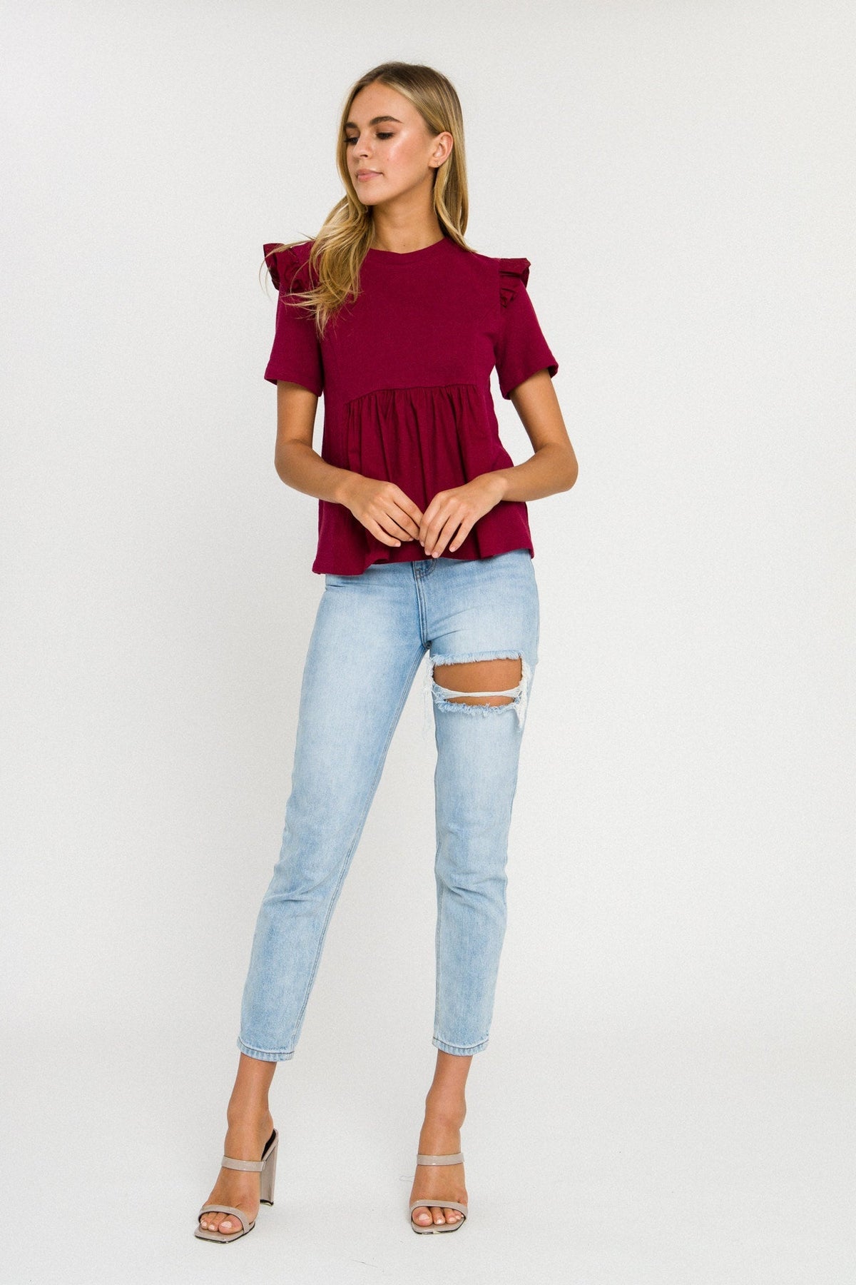 ENGLISH FACTORY - Knit Poplin Mixed Ruffle Top - TOPS available at Objectrare