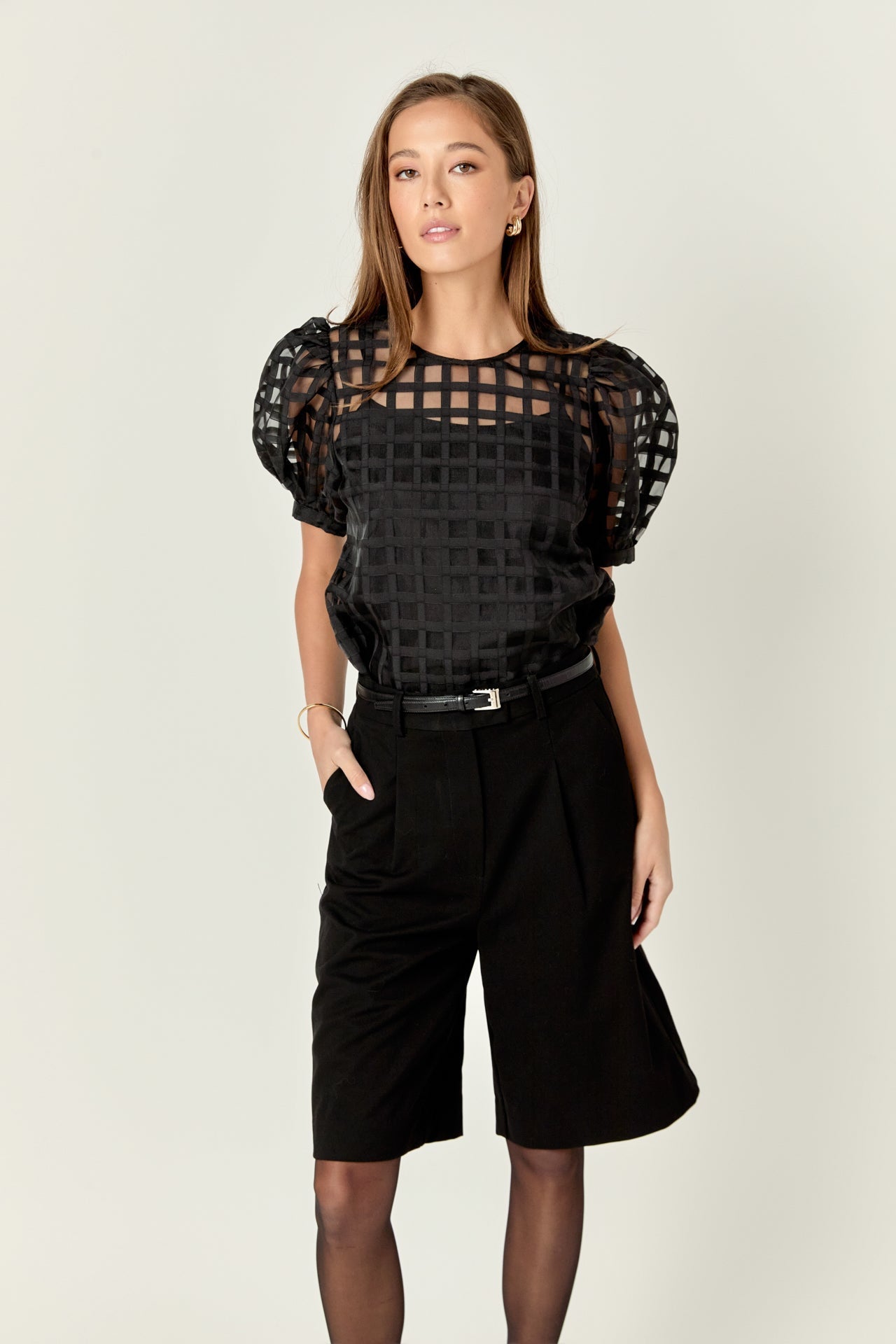 Sheer Plaid Puff Sleeve Top