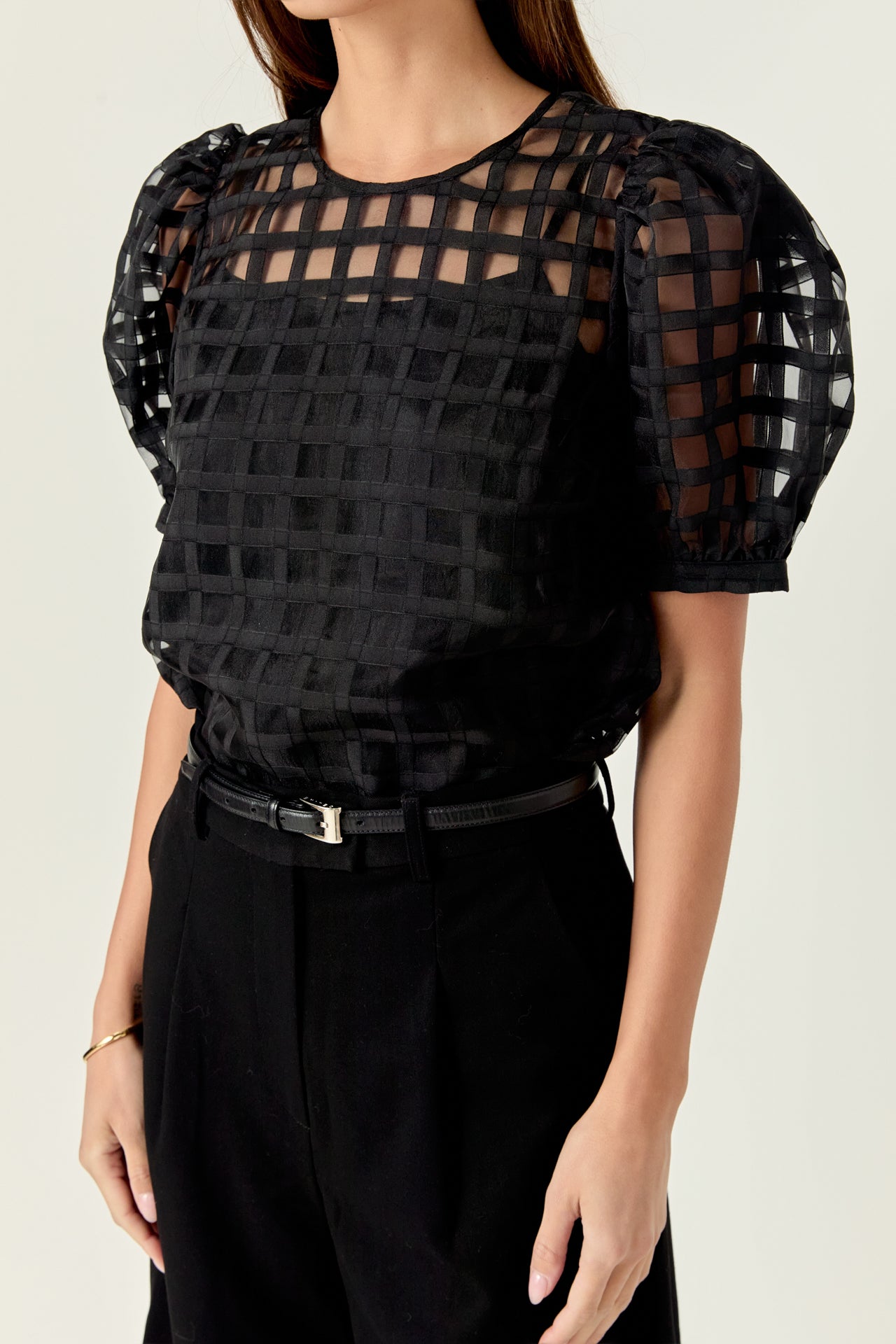 Sheer Plaid Puff Sleeve Top