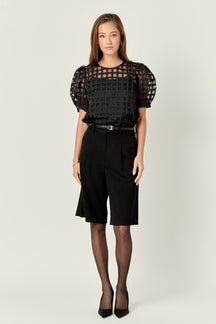 Sheer Plaid Puff Sleeve Top