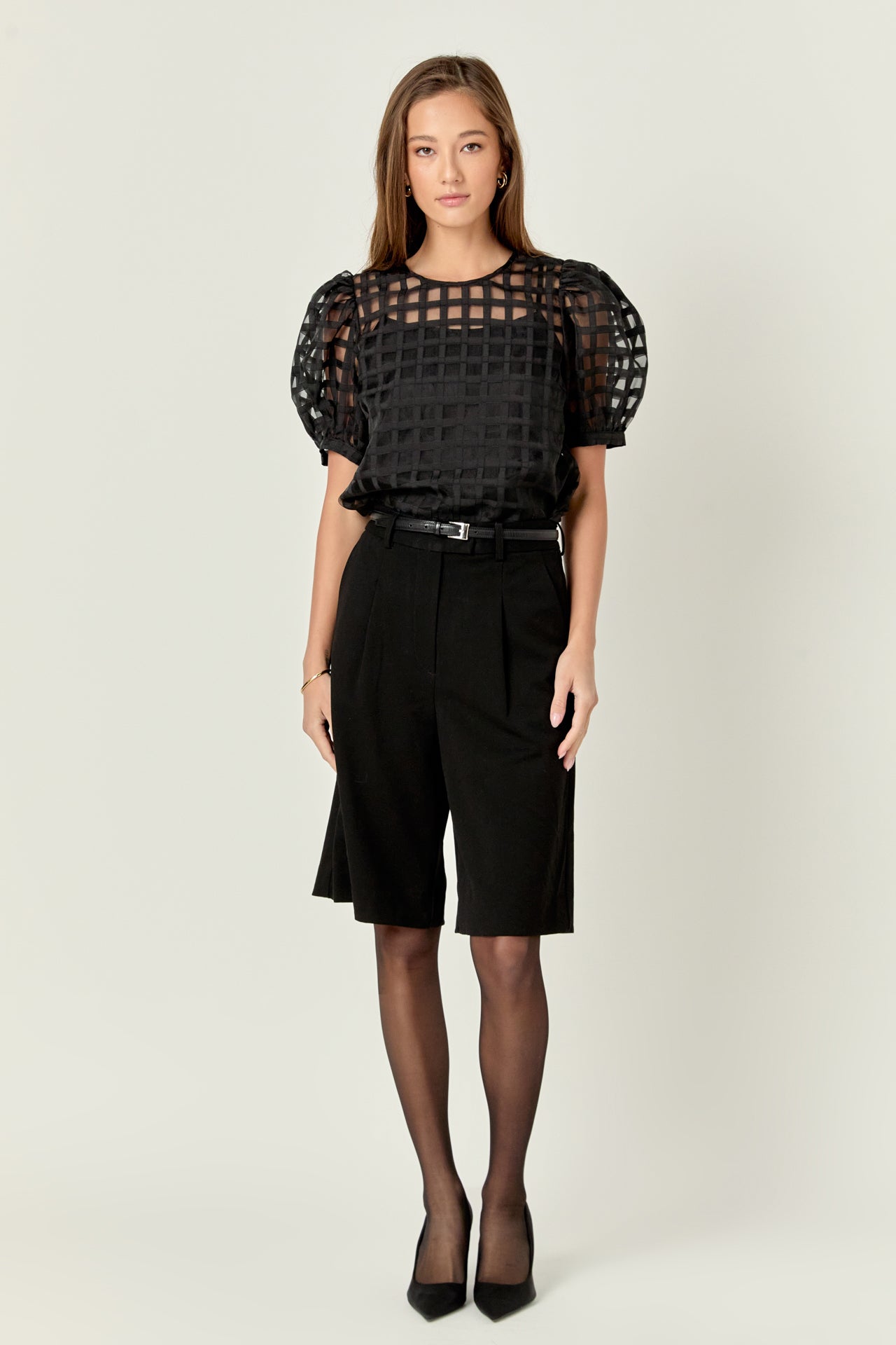 Puff Sleeve Plaid Sheer Top