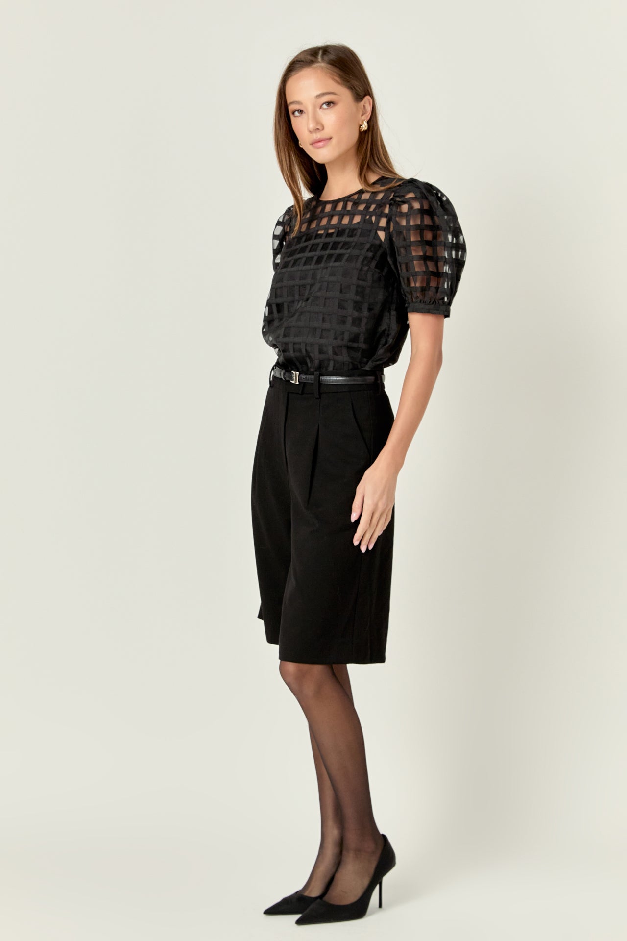 Sheer Plaid Puff Sleeve Top