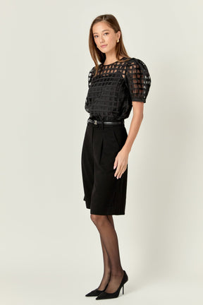 Sheer Plaid Puff Sleeve Top