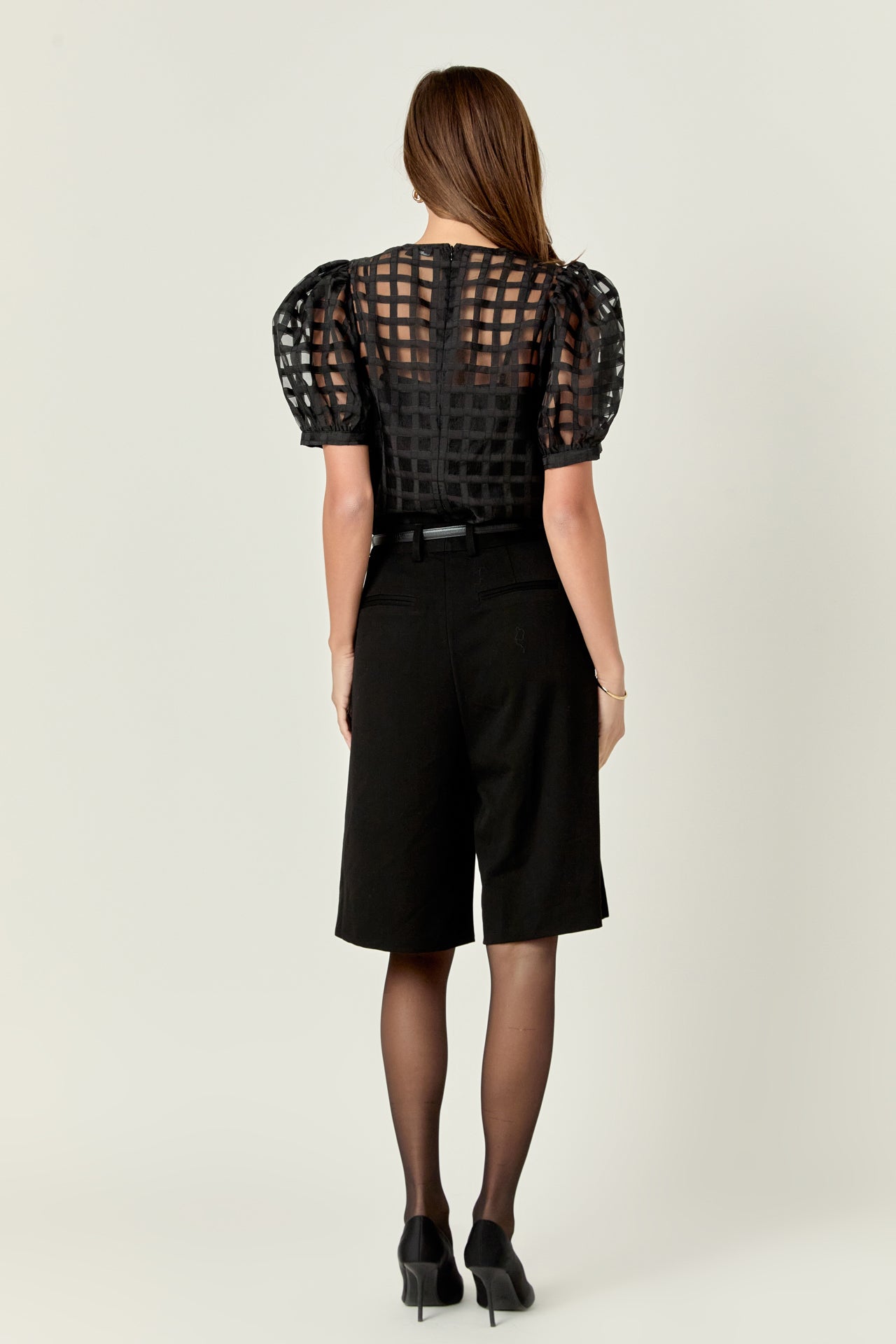 Sheer Plaid Puff Sleeve Top