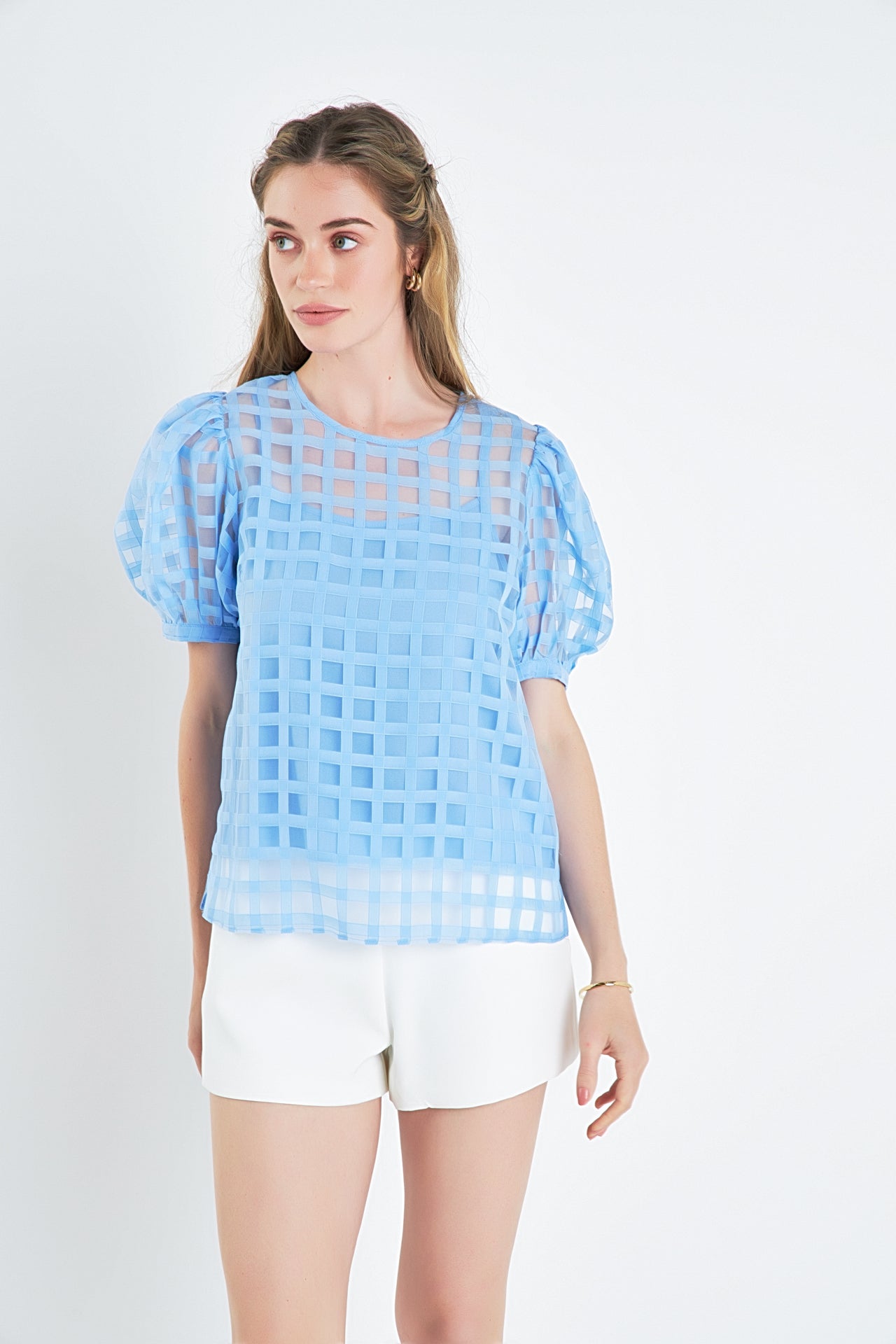 English Factory - Plaid Sheer Puff Sleeve Top