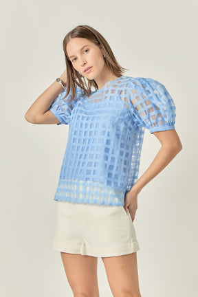 Puff Sleeve Plaid Sheer Top