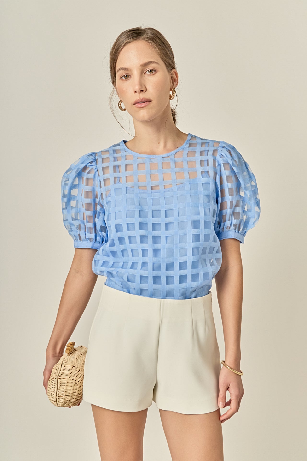 ENGLISH FACTORY - Puff Sleeve Plaid Sheer Top - TOPS available at Objectrare