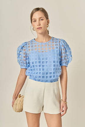 ENGLISH FACTORY - Puff Sleeve Plaid Sheer Top - TOPS available at Objectrare